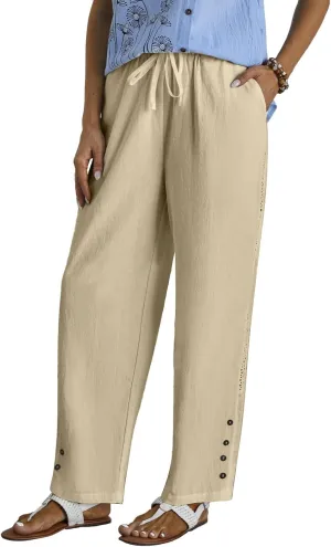 High Waisted Linen Pants Women Summer Drawstring Elastic Waist Wide Leg Pants Casual Loose Beach Relaxed Fit Trousers