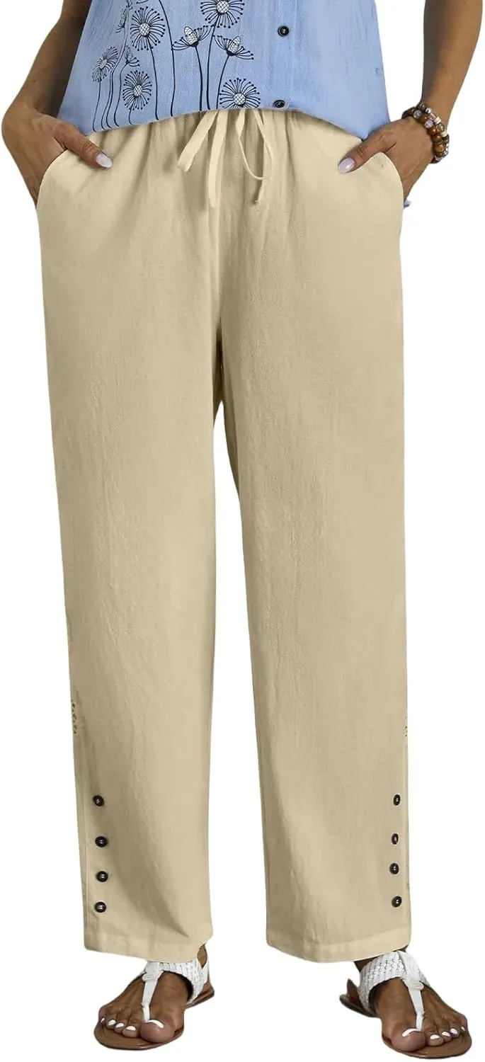 High Waisted Linen Pants Women Summer Drawstring Elastic Waist Wide Leg Pants Casual Loose Beach Relaxed Fit Trousers