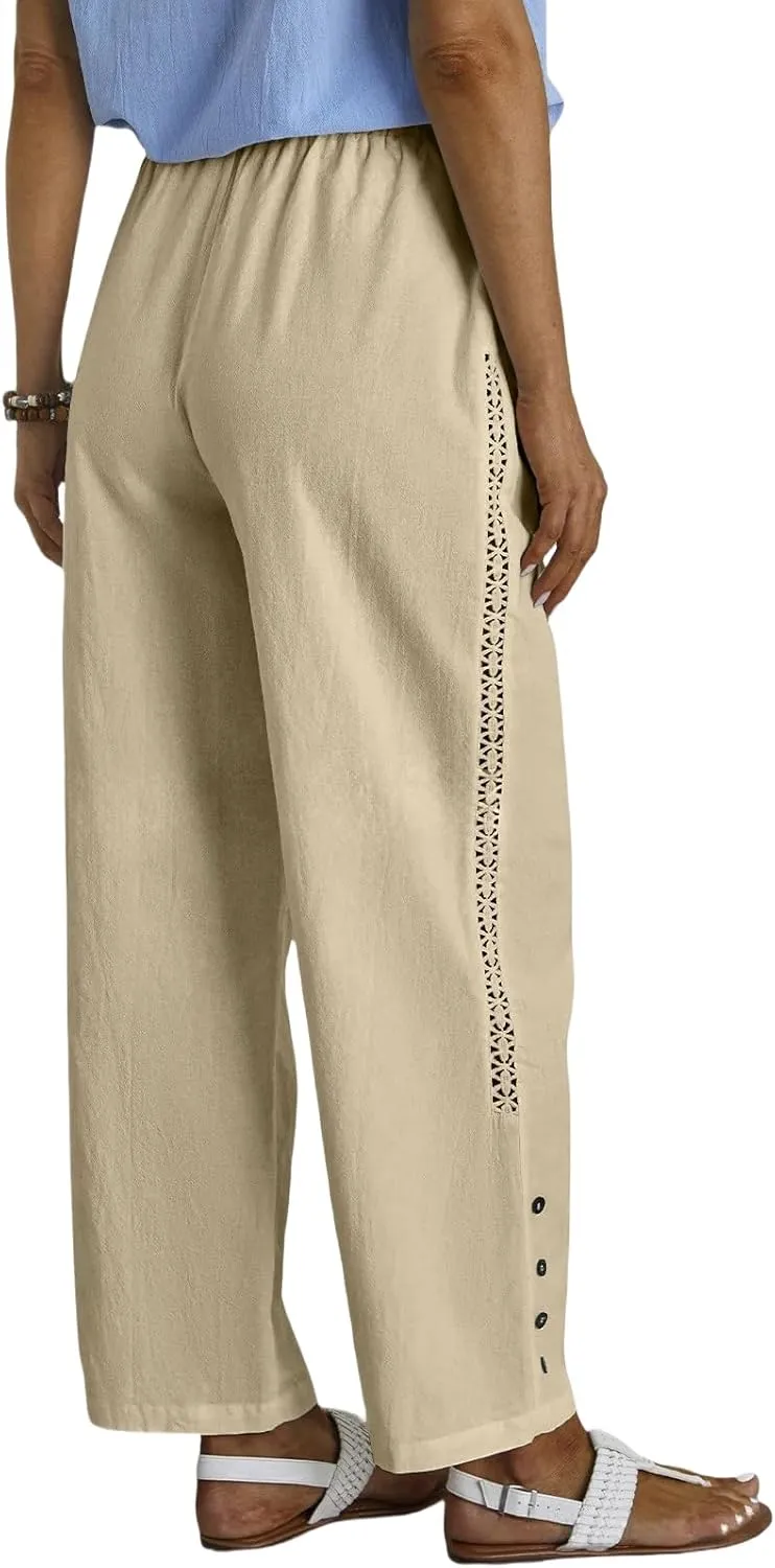 High Waisted Linen Pants Women Summer Drawstring Elastic Waist Wide Leg Pants Casual Loose Beach Relaxed Fit Trousers