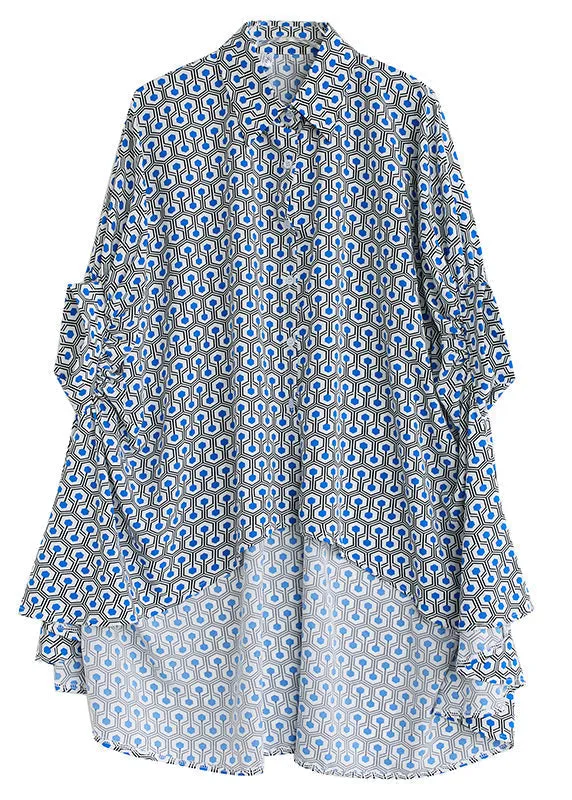 Italian Blue Peter Pan Collar Print Low High Design Shirts Summer LY4953