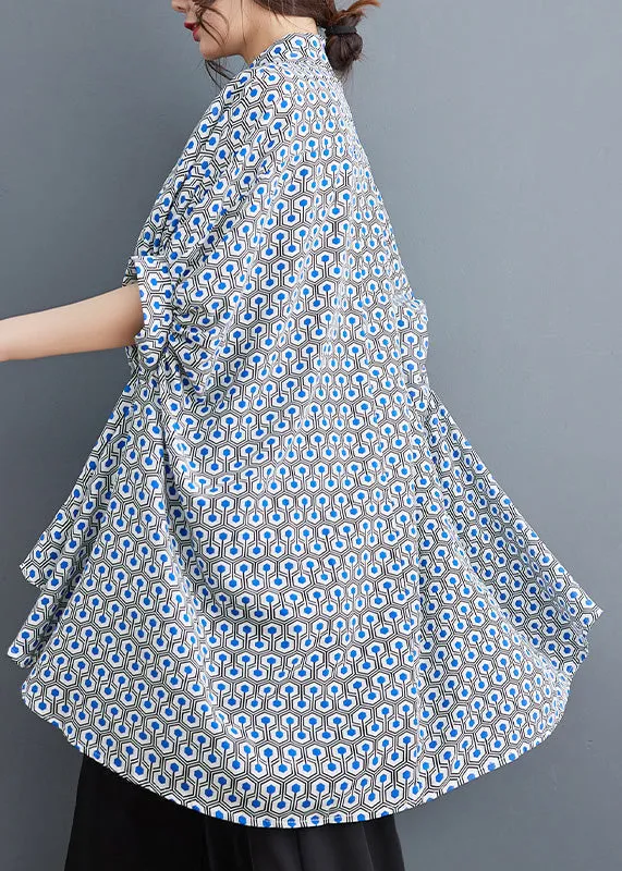 Italian Blue Peter Pan Collar Print Low High Design Shirts Summer LY4953