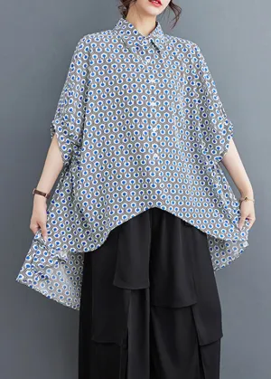 Italian Blue Peter Pan Collar Print Low High Design Shirts Summer LY4953