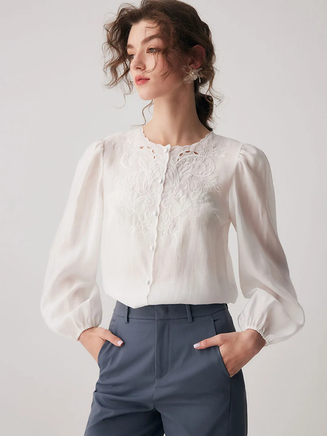 Jocelyn Elegant Embroidered Lantern Sleeve Shirt-Purple
