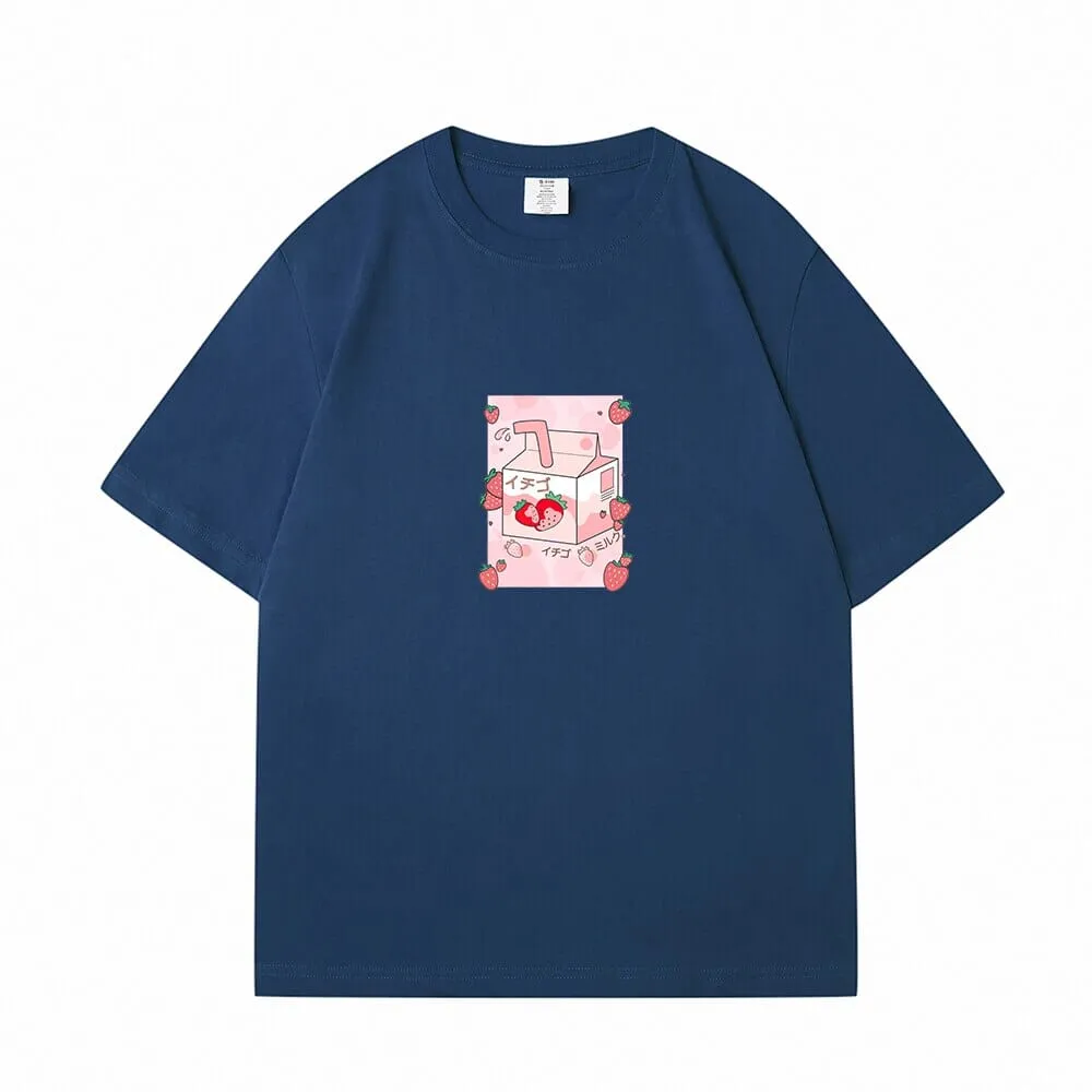 Kawaii Strawbery Milk Box Loose Cotton T-Shirts