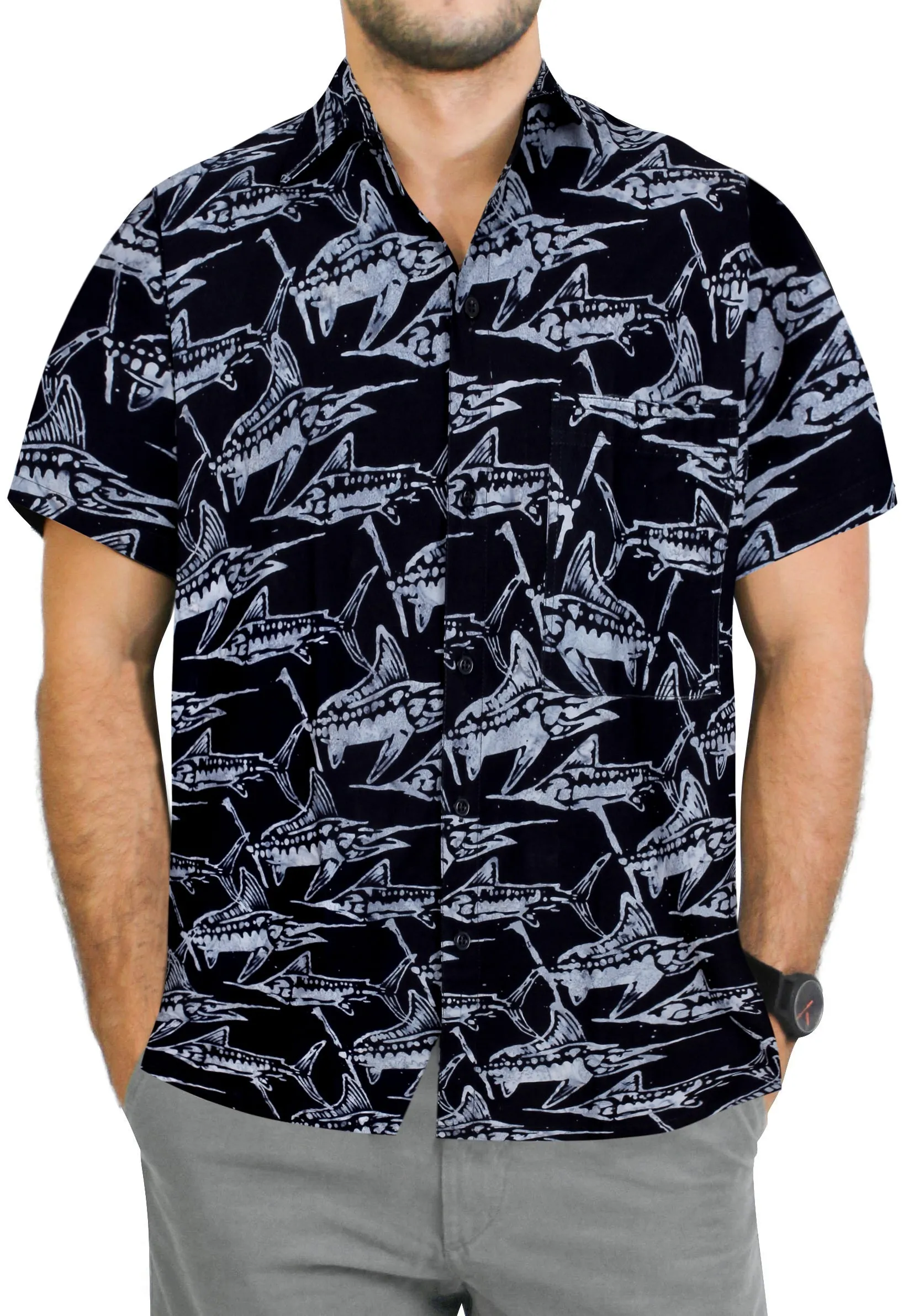 LA LEELA Men's Wear Summer Everyday Essentials  Casual  Shirt 100% NATURAL COTTON  Hand Printed ALOHA Black Grey