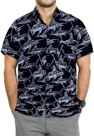 LA LEELA Men's Wear Summer Everyday Essentials  Casual  Shirt 100% NATURAL COTTON  Hand Printed ALOHA Black Grey