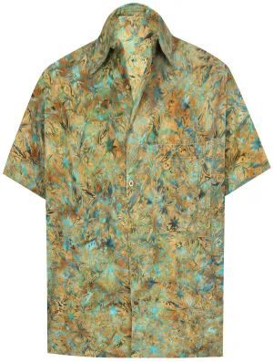 LA LEELA Men's Wear Summer Everyday Essentials  Casual  Shirt 100% NATURAL COTTON  Printed Mustard Green Aloha Hawaiian Shirt