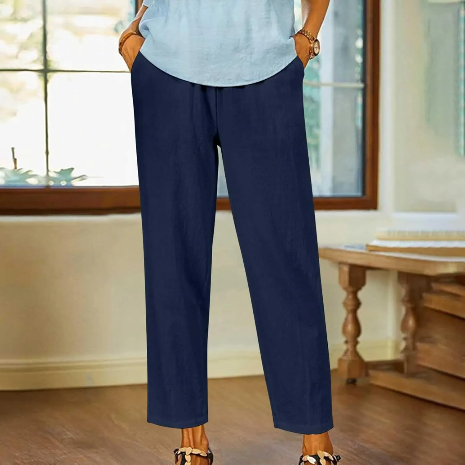 Lastesso Casual Pants for Women Lightweight Cotton Linen Straight Trousers Relaxed Size Cozy Beach Summer Lounge Outfits