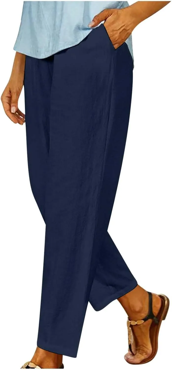 Lastesso Casual Pants for Women Lightweight Cotton Linen Straight Trousers Relaxed Size Cozy Beach Summer Lounge Outfits