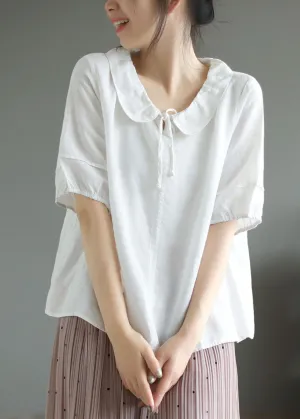 Loose White Peter Pan Collar Patchwork Cotton T Shirts Summer LY6182