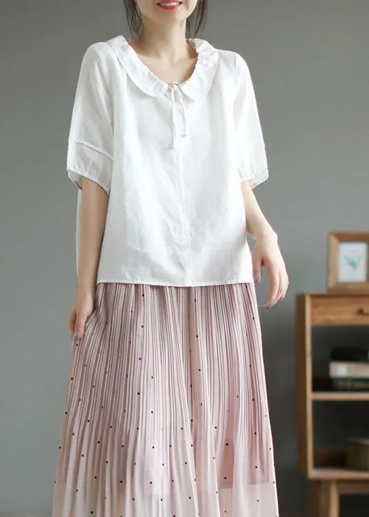Loose White Peter Pan Collar Patchwork Cotton T Shirts Summer LY6182