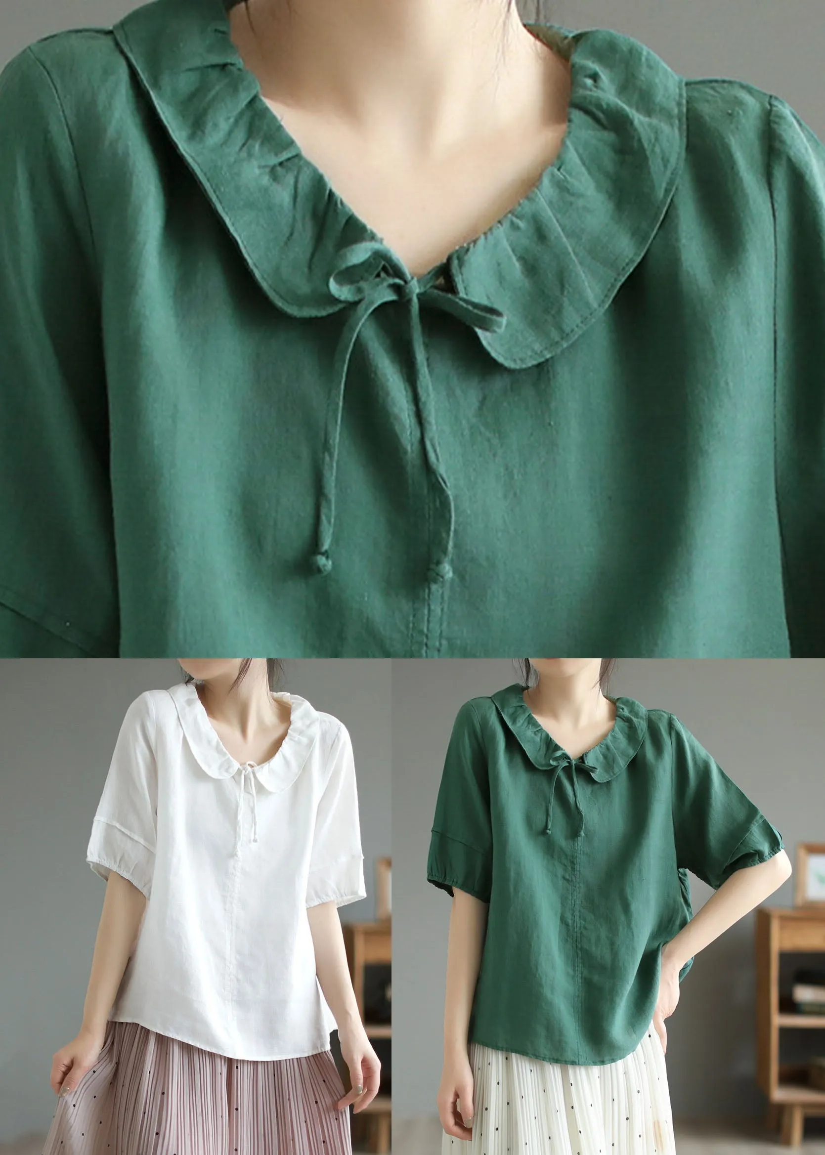 Loose White Peter Pan Collar Patchwork Cotton T Shirts Summer LY6182