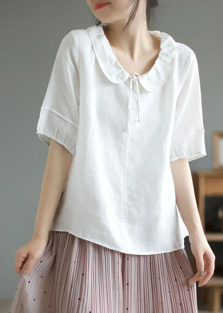 Loose White Peter Pan Collar Patchwork Cotton T Shirts Summer LY6182
