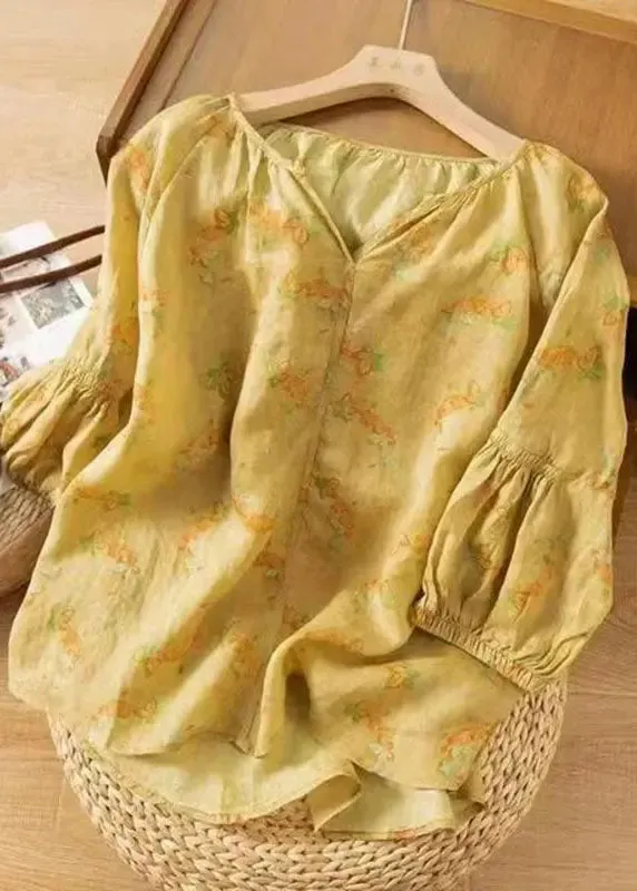 Loose Yellow V Neck Print Patchwork Cotton Shirts Bracelet Sleeve LY8282