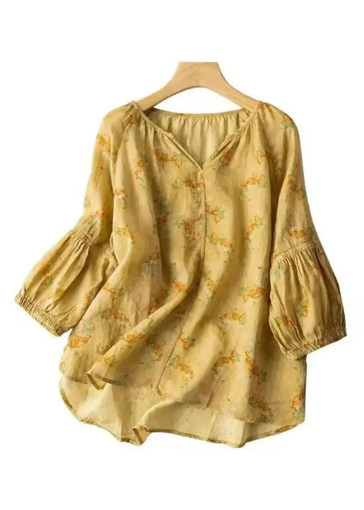 Loose Yellow V Neck Print Patchwork Cotton Shirts Bracelet Sleeve LY8282
