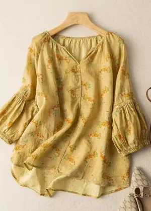 Loose Yellow V Neck Print Patchwork Cotton Shirts Bracelet Sleeve LY8282