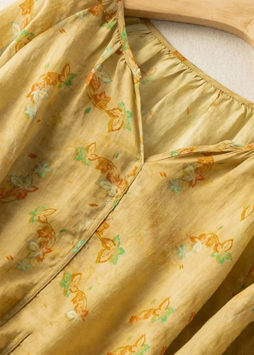 Loose Yellow V Neck Print Patchwork Cotton Shirts Bracelet Sleeve LY8282