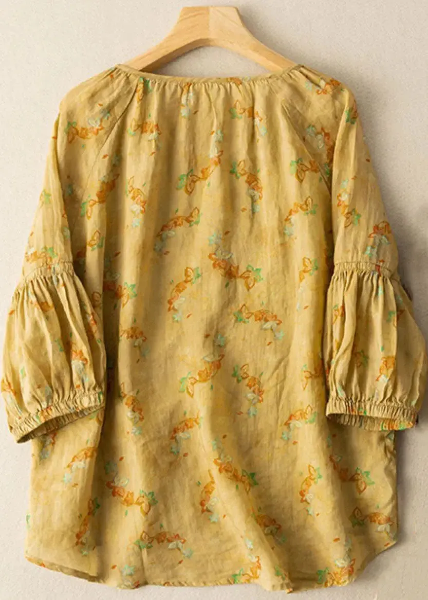Loose Yellow V Neck Print Patchwork Cotton Shirts Bracelet Sleeve LY8282