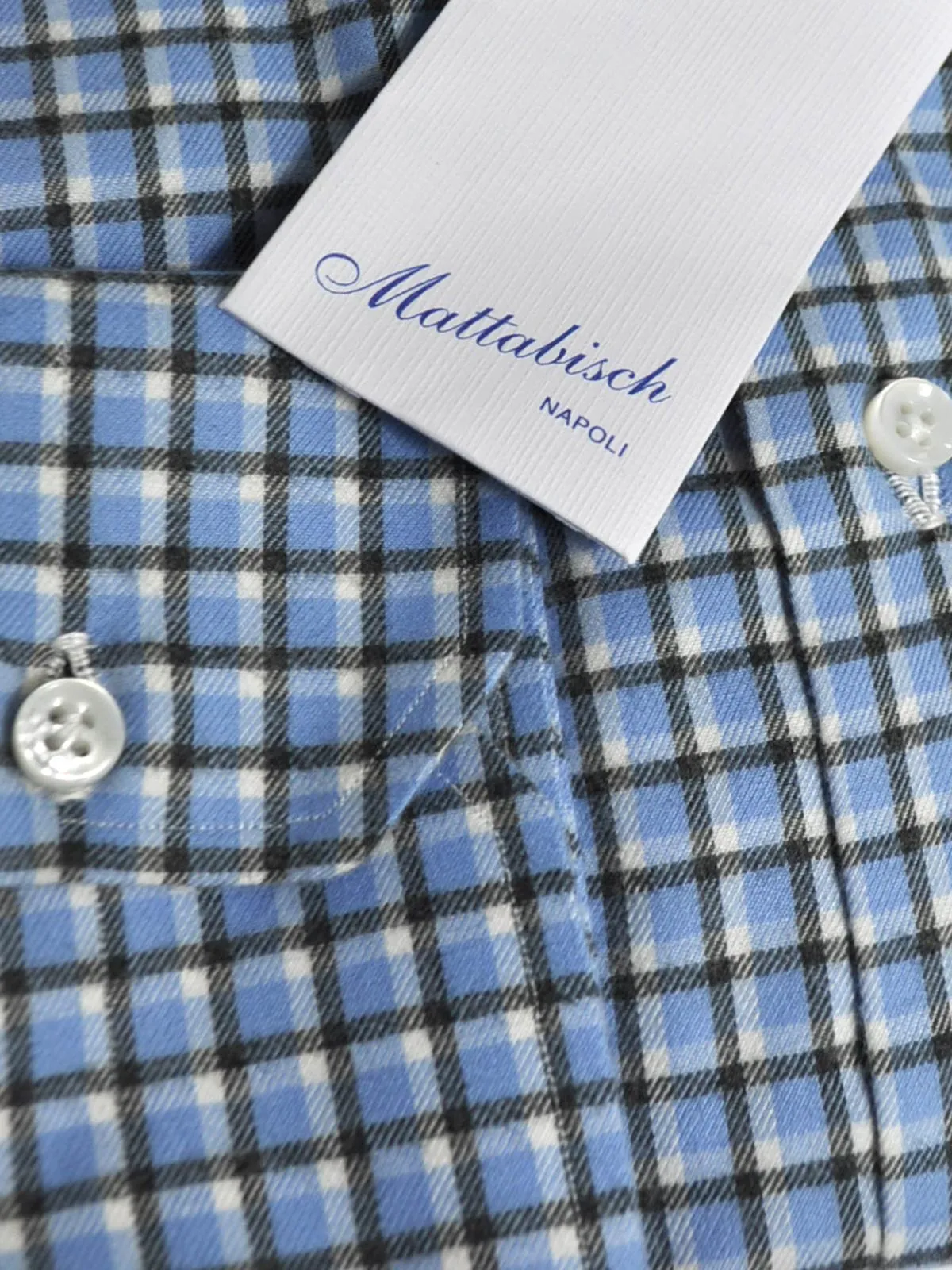 Mattabisch Sport Shirt Blue Black White Check - Flannel Cotton 39 - 15 1/2 REDUCED - SALE