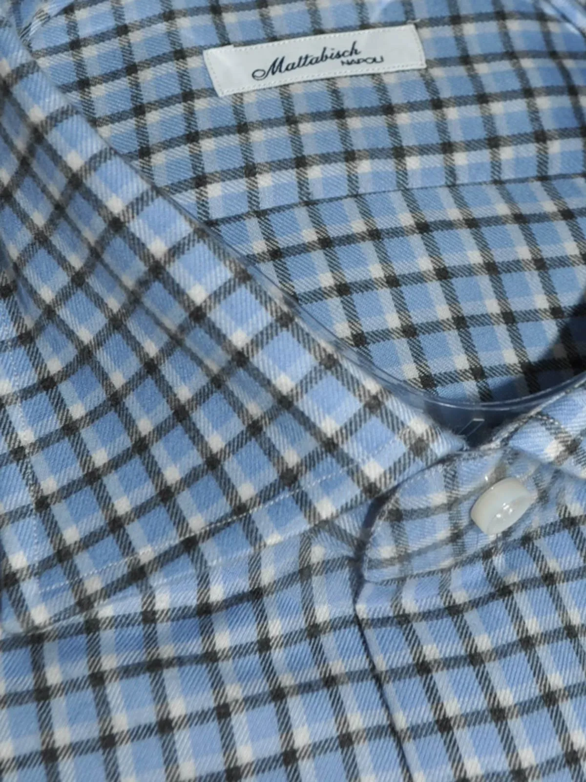 Mattabisch Sport Shirt Blue Black White Check - Flannel Cotton 39 - 15 1/2 REDUCED - SALE