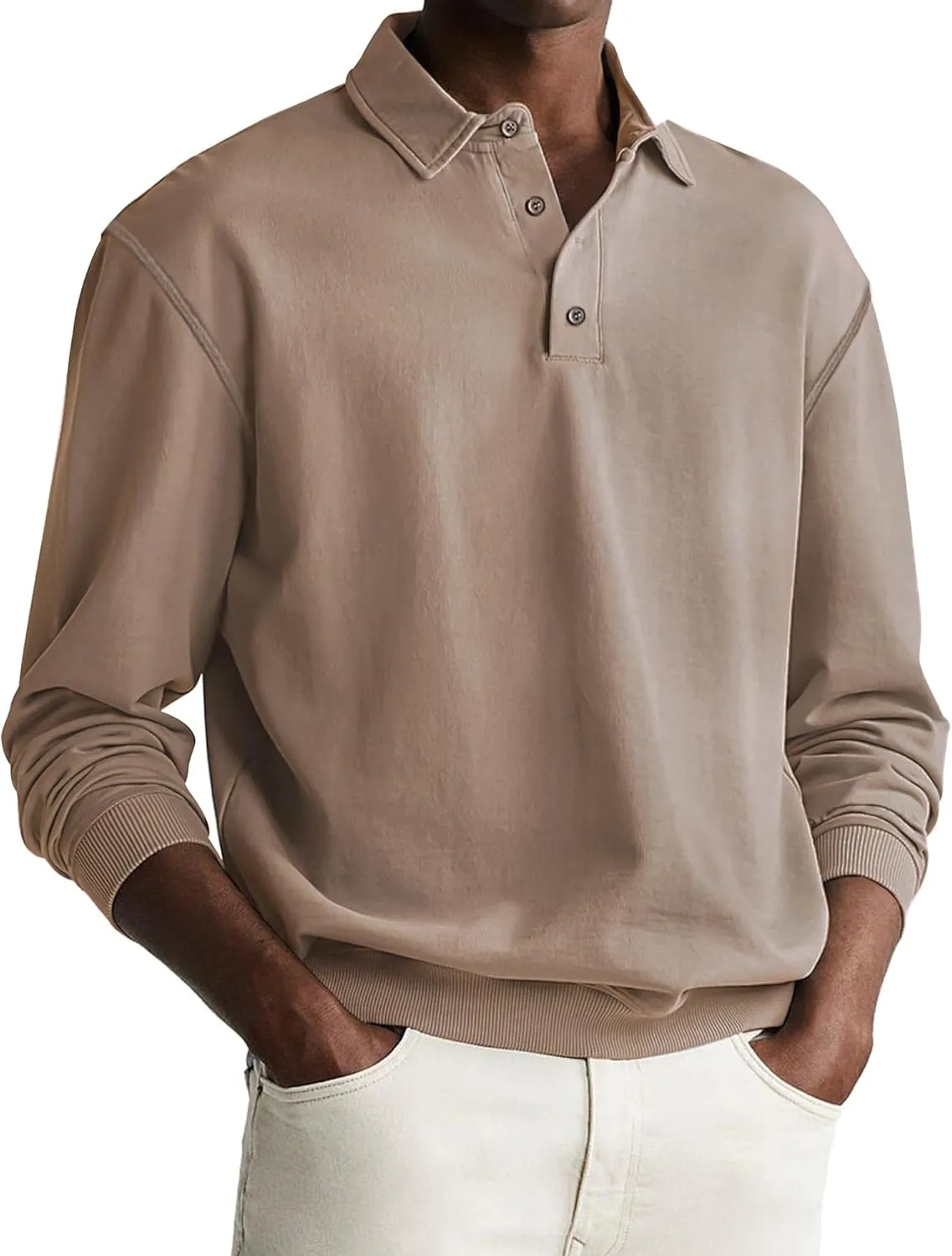 Men's Casual Long Sleeve Polo Shirts Classic Button Down Golf Shirt Loose Fit Pullover Sweatshirts