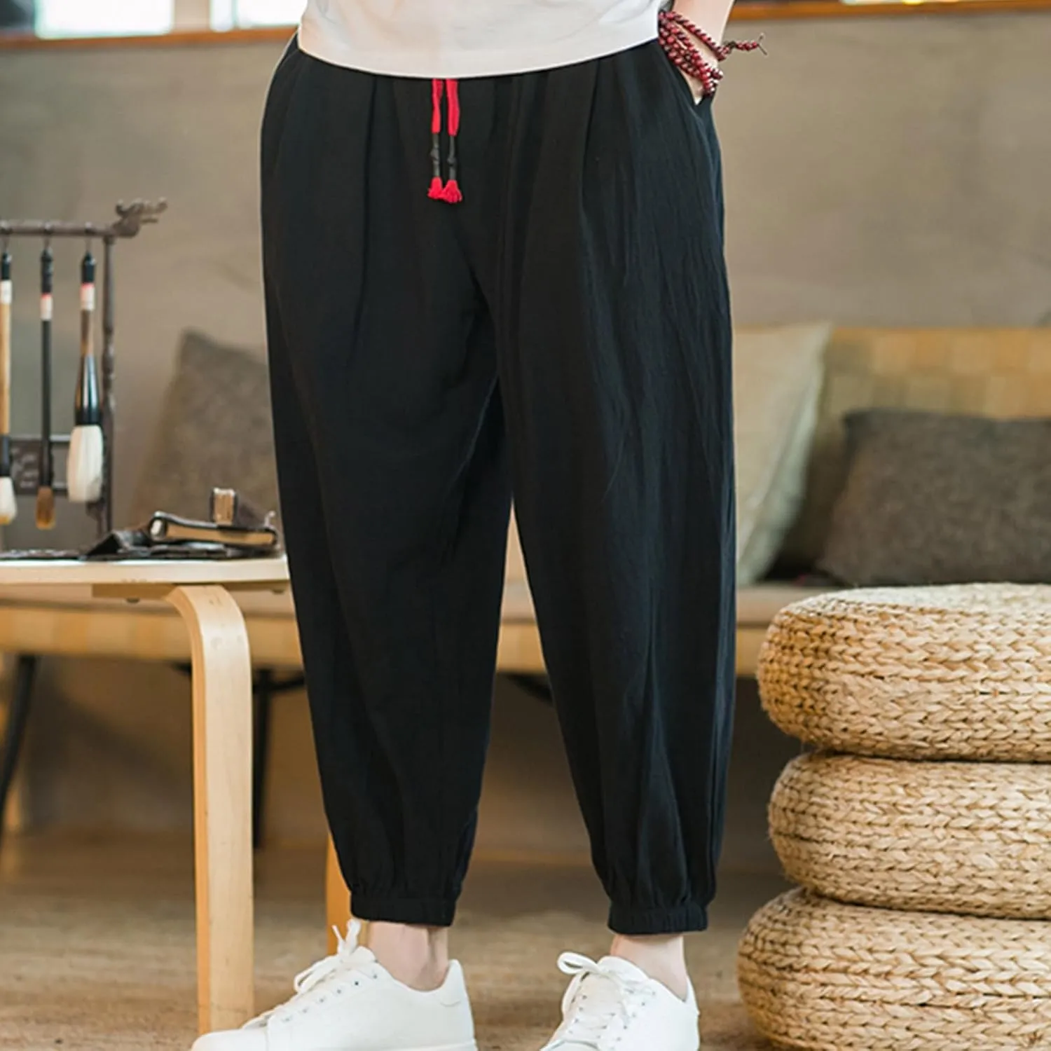 Men's Casual Pants Linen Pants Drawstring Beach Pants Relaxed-Fit Yoga Pants Soft Elastic Waist Pants