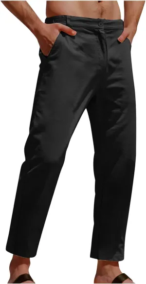 Men's Casual Pants Linen Pants Relaxed-Fit Beach Trousers Summer Yoga Pants Drawstring Elastic Waist Pants