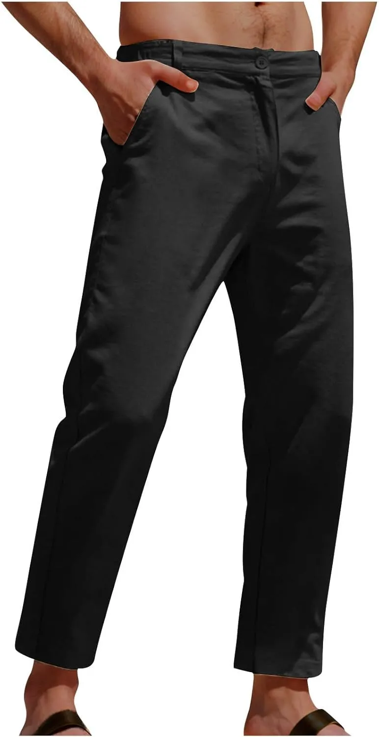 Men's Casual Pants Linen Pants Relaxed-Fit Beach Trousers Summer Yoga Pants Drawstring Elastic Waist Pants