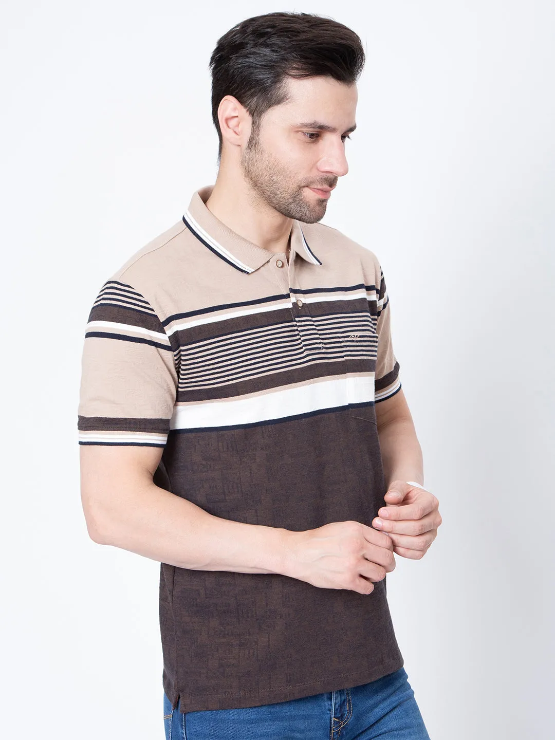 Mens Horizontal Alternate  Color Striper Polo Neck Tshirt