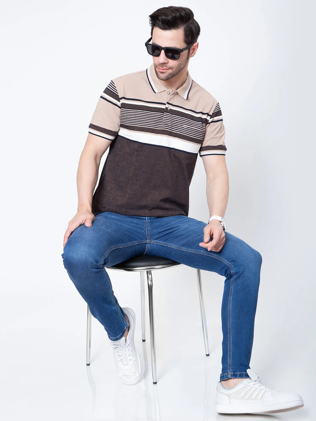 Mens Horizontal Alternate  Color Striper Polo Neck Tshirt