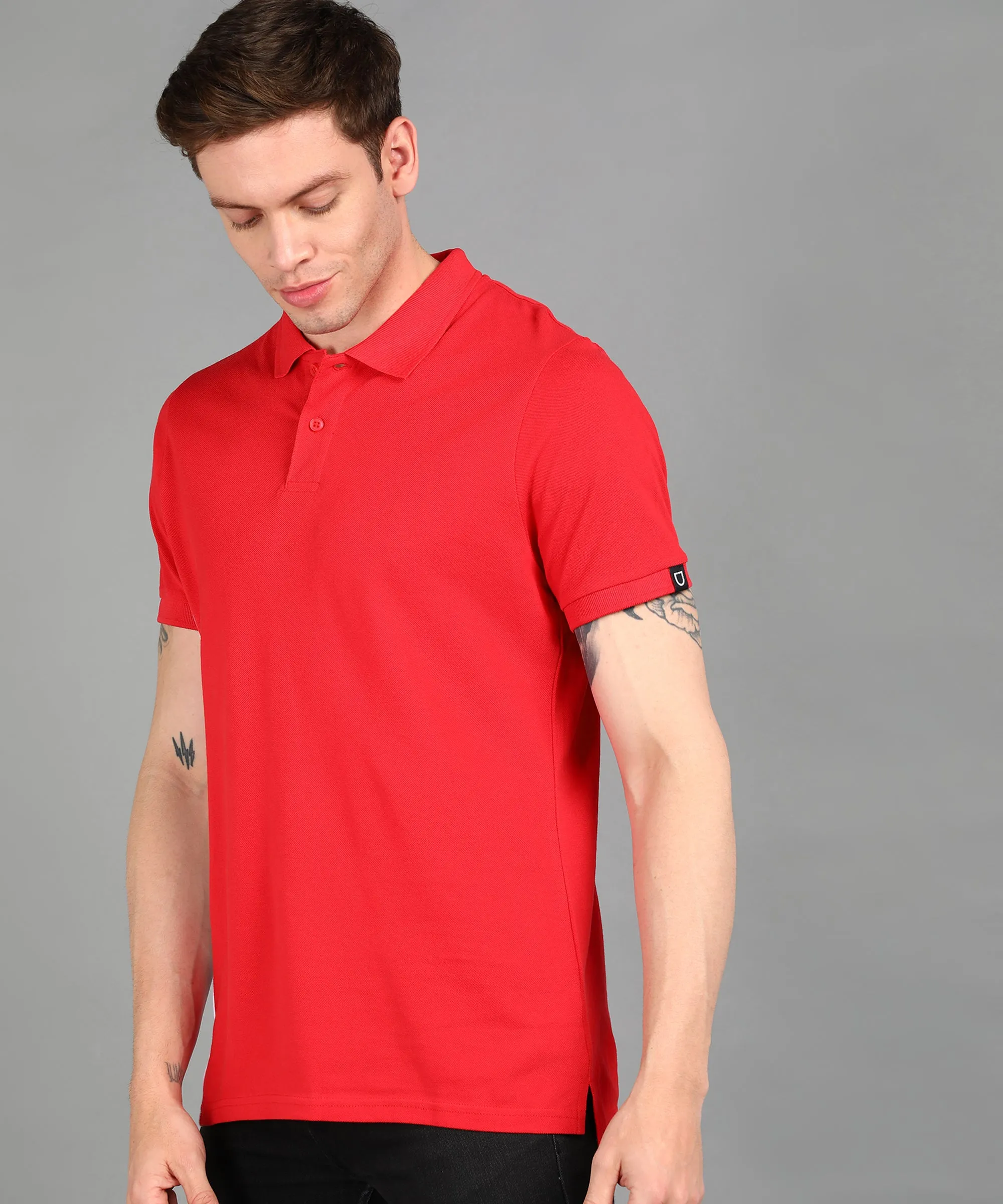 Men's Red, White Colour-Block Slim Fit Half Sleeve Cotton Polo T-Shirt