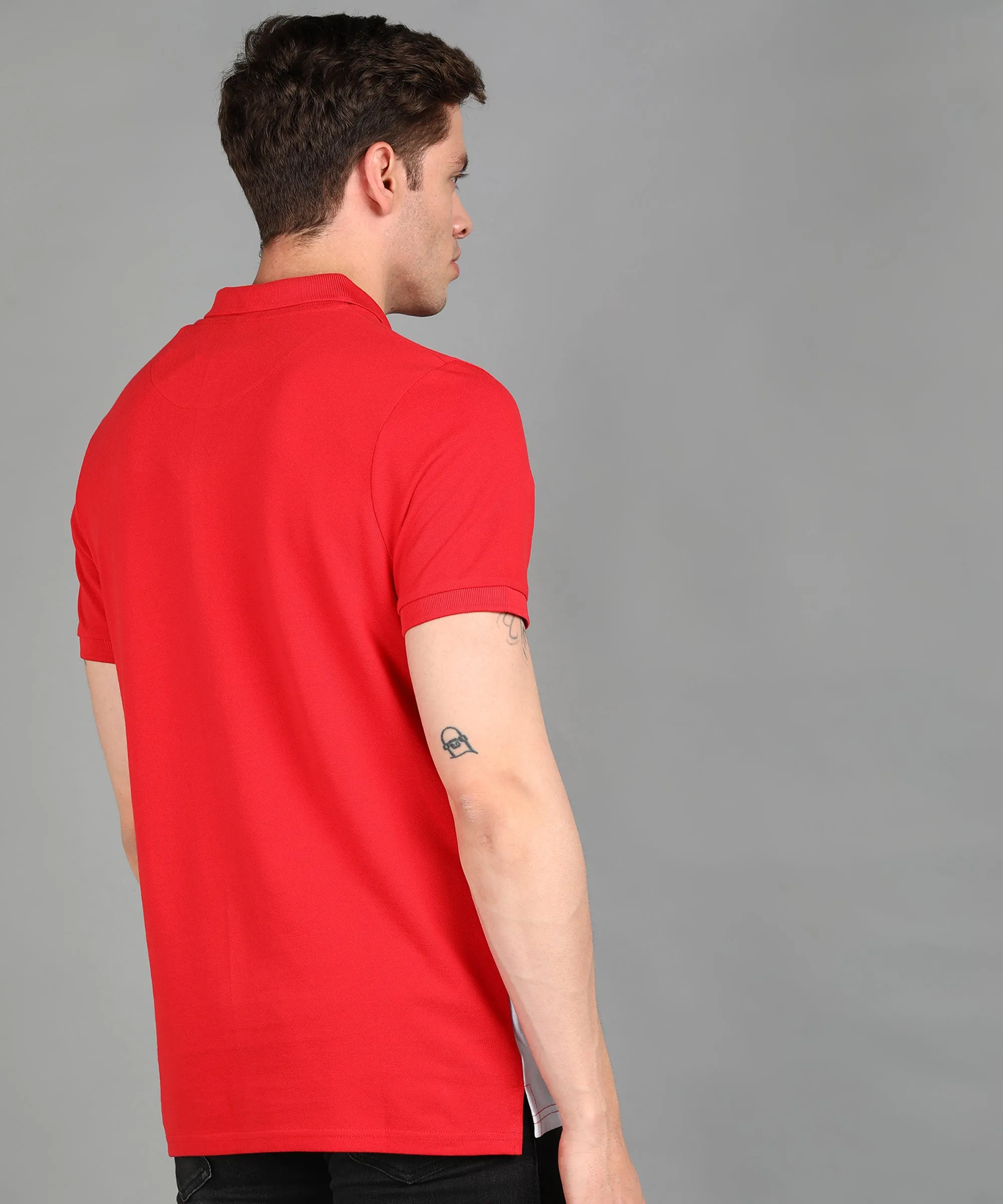 Men's Red, White Colour-Block Slim Fit Half Sleeve Cotton Polo T-Shirt