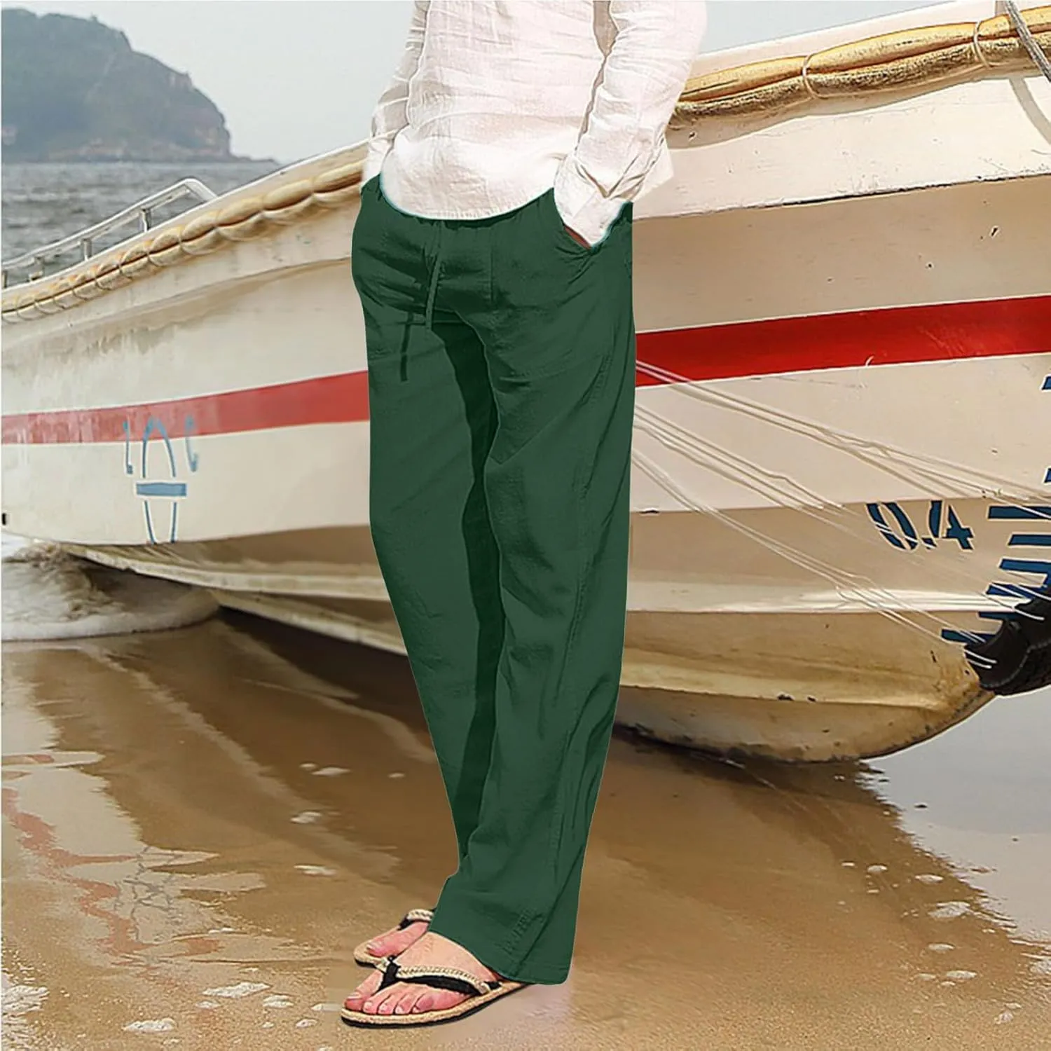 Men's Relaxed Fit Drawstring Linen Pants Casual Beachwear Comfortable Summer Lounge Pants for Outdoor Travel