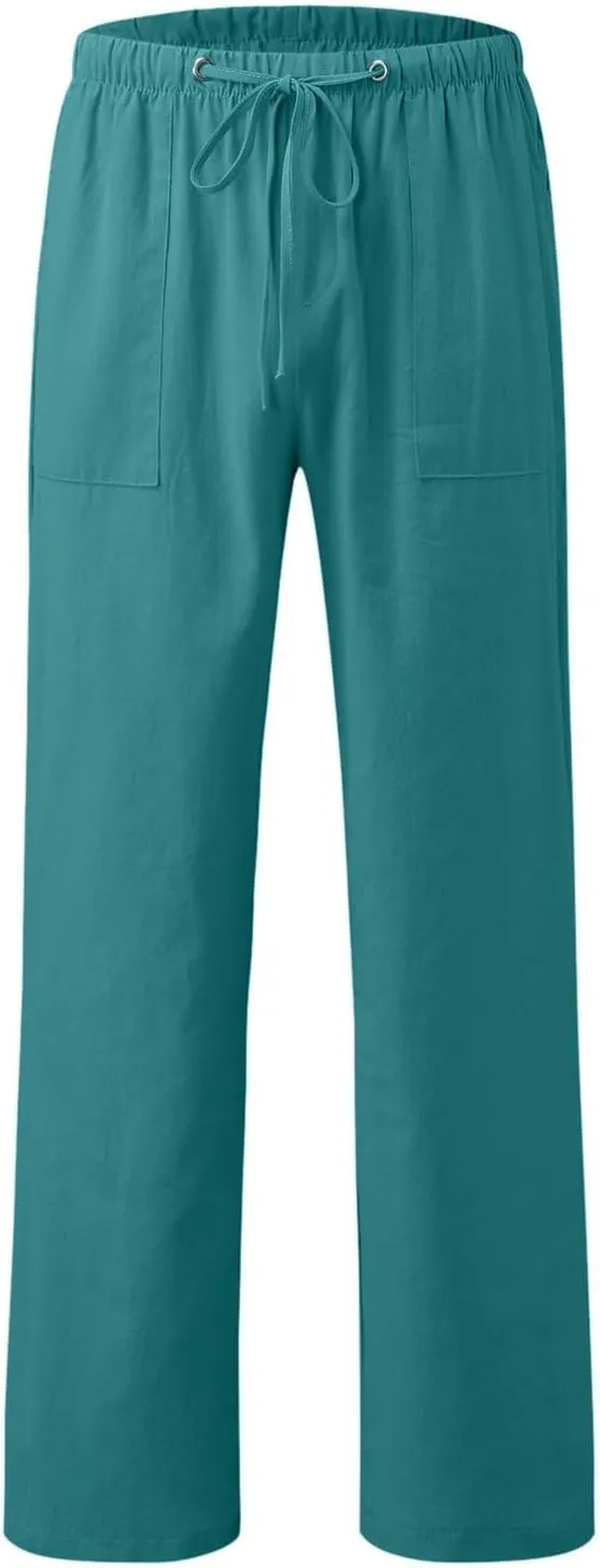 Men's Relaxed Fit Drawstring Linen Pants Casual Beachwear Comfortable Summer Lounge Pants for Outdoor Travel