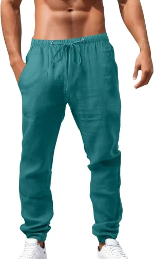 Men's Relaxed Fit Drawstring Linen Pants Casual Beachwear Comfortable Summer Lounge Pants for Outdoor Travel