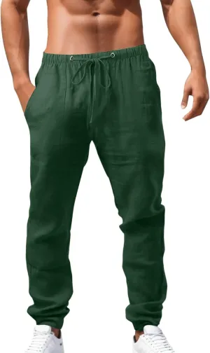 Men's Relaxed Fit Drawstring Linen Pants Casual Beachwear Comfortable Summer Lounge Pants for Outdoor Travel