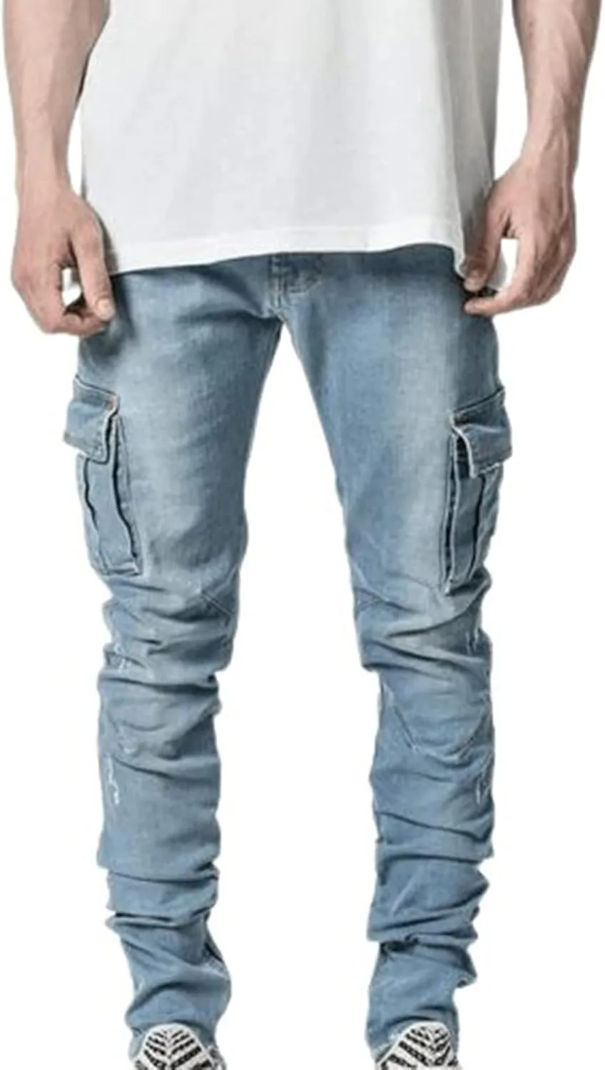 Men's Slim Fit Stretch Cargo Jeans Moto Biker Skinny Ripped Denim Pencil Pants Fashion Pocketed Straight Casual Pants
