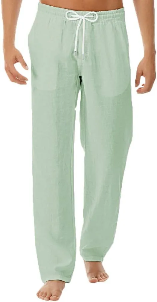 Men's Summer Linen Pants Drawstring Casual Beach Pants Solid Relaxed Fit Straight Pants Lightweight Comfy Trousers