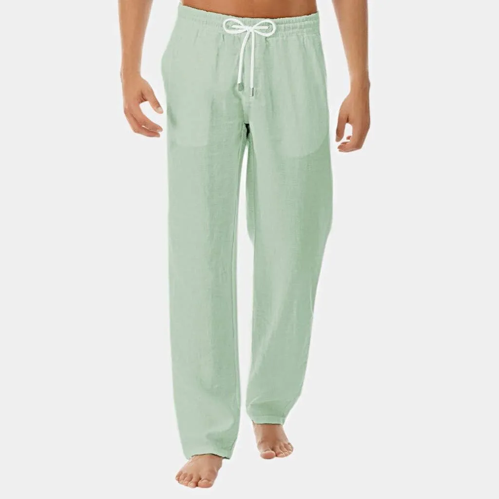 Men's Summer Linen Pants Drawstring Casual Beach Pants Solid Relaxed Fit Straight Pants Lightweight Comfy Trousers