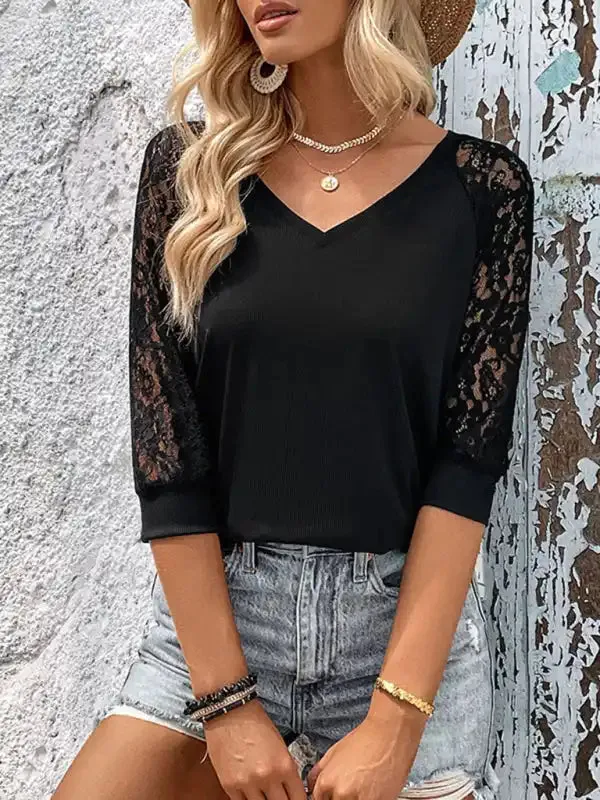 New casual elegant lace stitching black women’s top