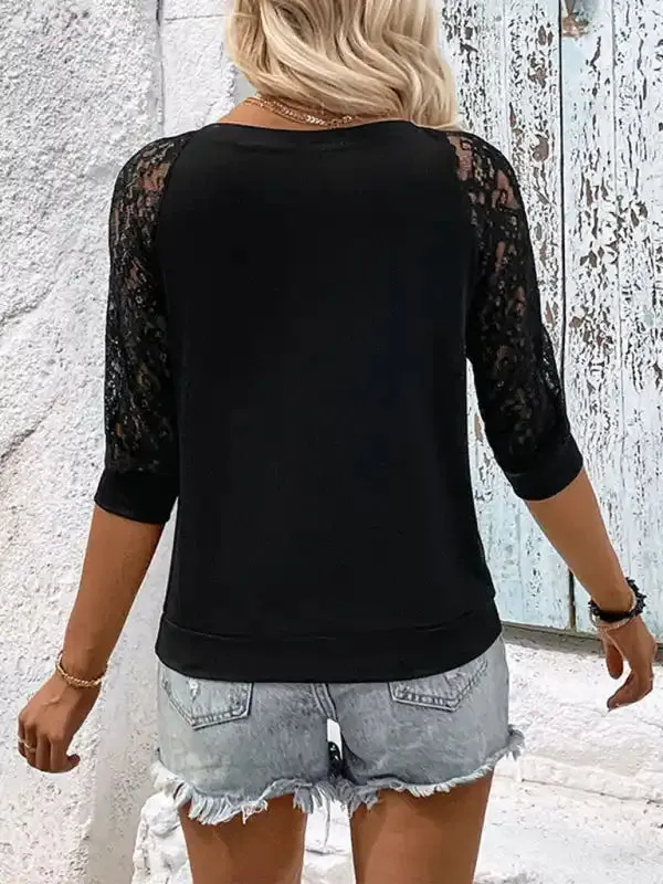 New casual elegant lace stitching black women’s top