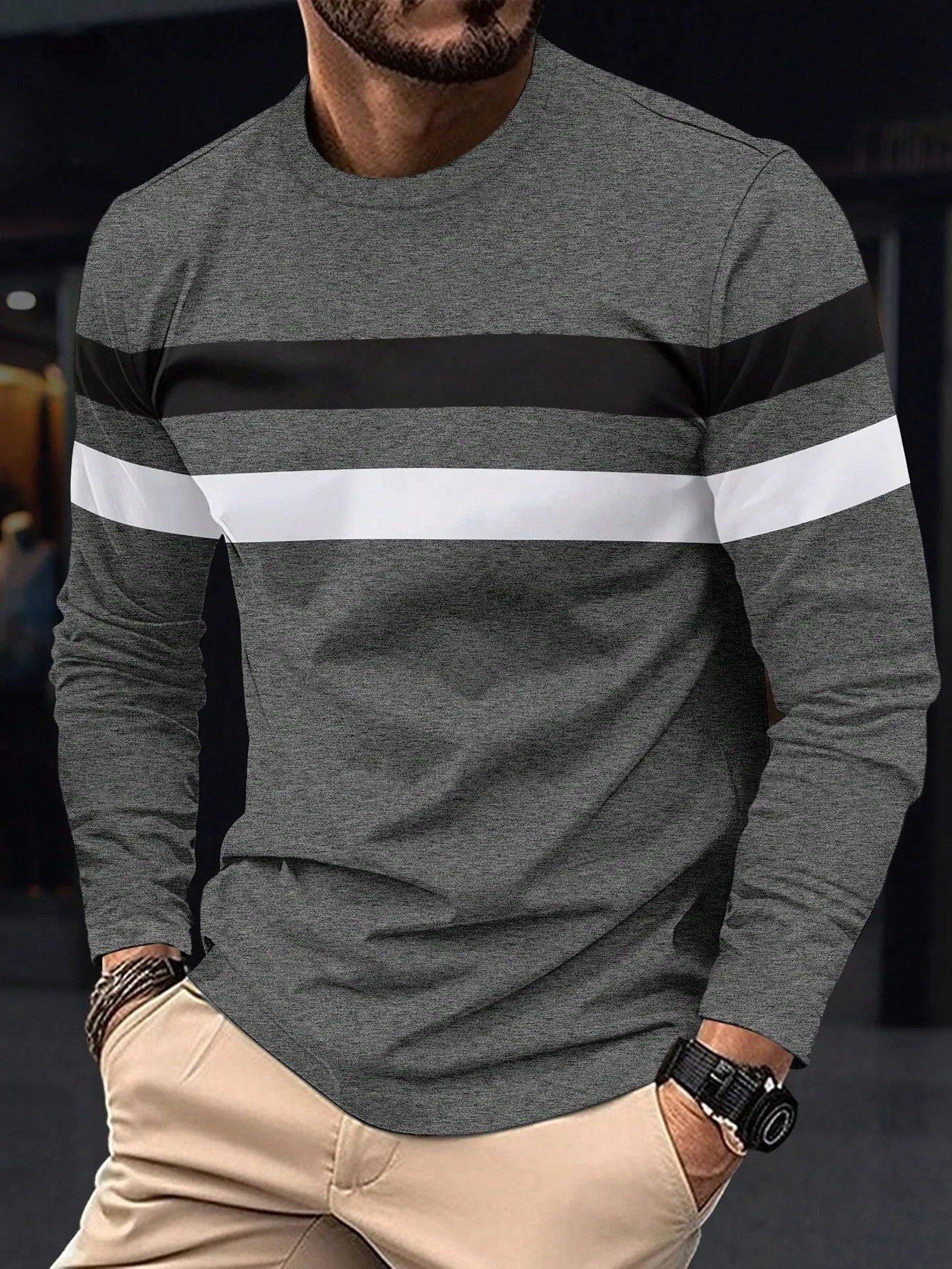 New Men's Colorblock Long Sleeve T-Shirt, Breathable