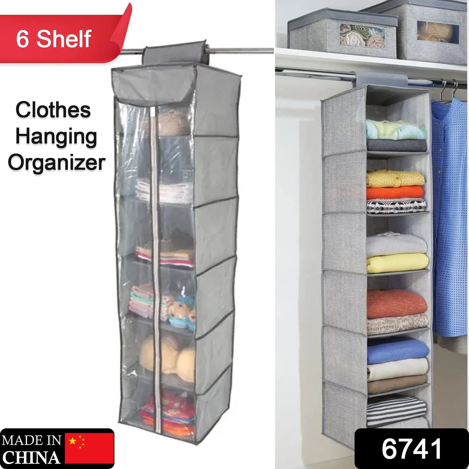 Non-Woven Fabric Cloth 6 Selves Hanging Storage Wardrobe Organizer with PVC Zippered Closure 6 Layers Chain Cloth
