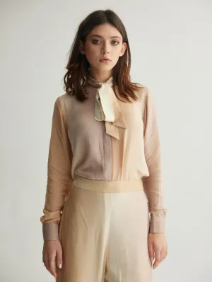 OFF WHITE & BEIGE OMBRE PRINT BOW SHIRT