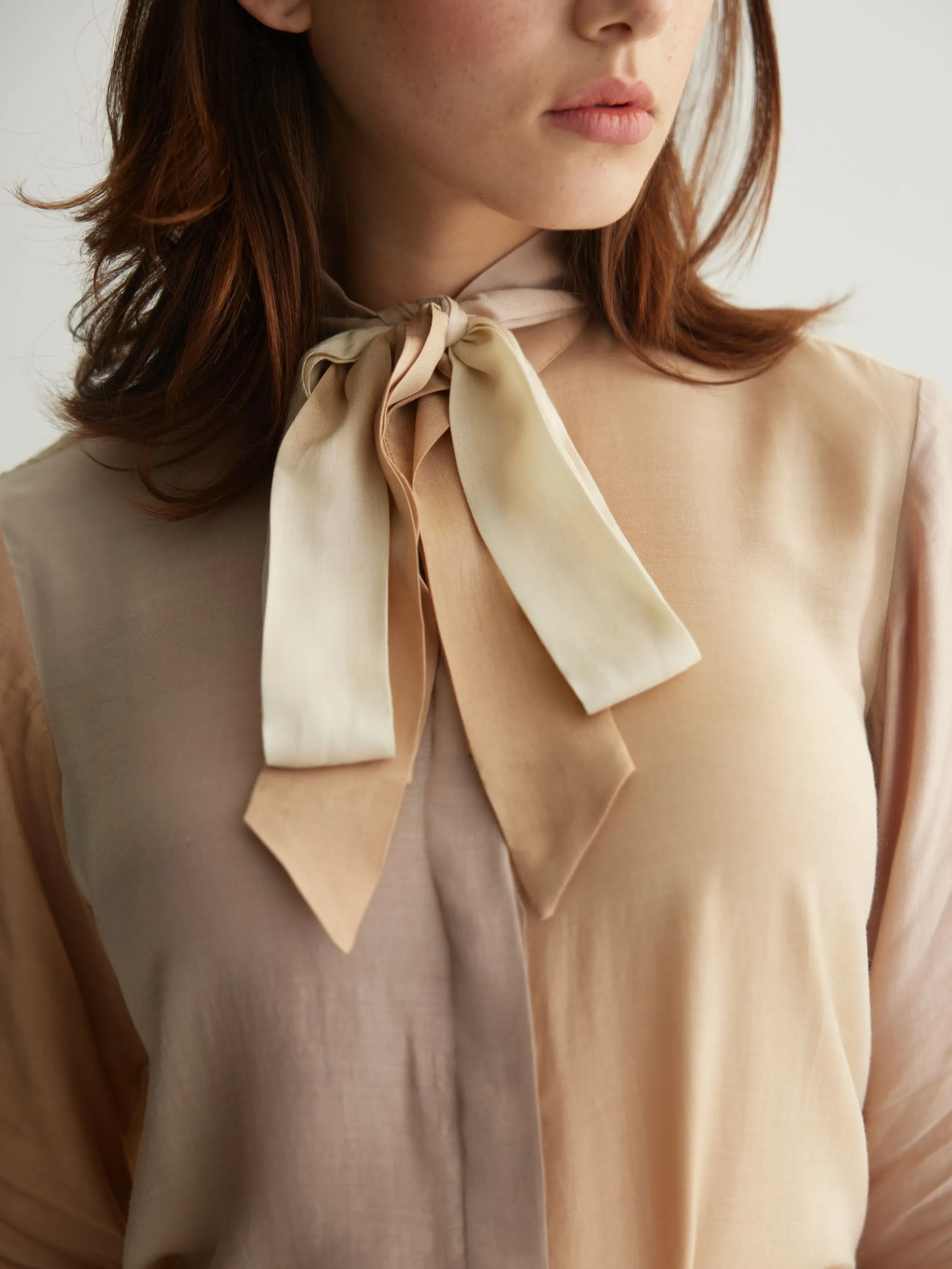 OFF WHITE & BEIGE OMBRE PRINT BOW SHIRT