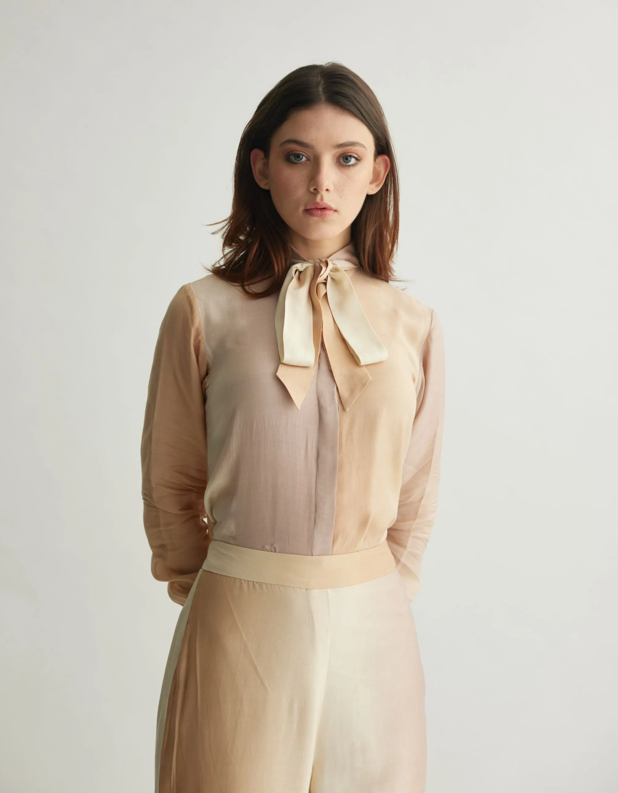 OFF WHITE & BEIGE OMBRE PRINT BOW SHIRT