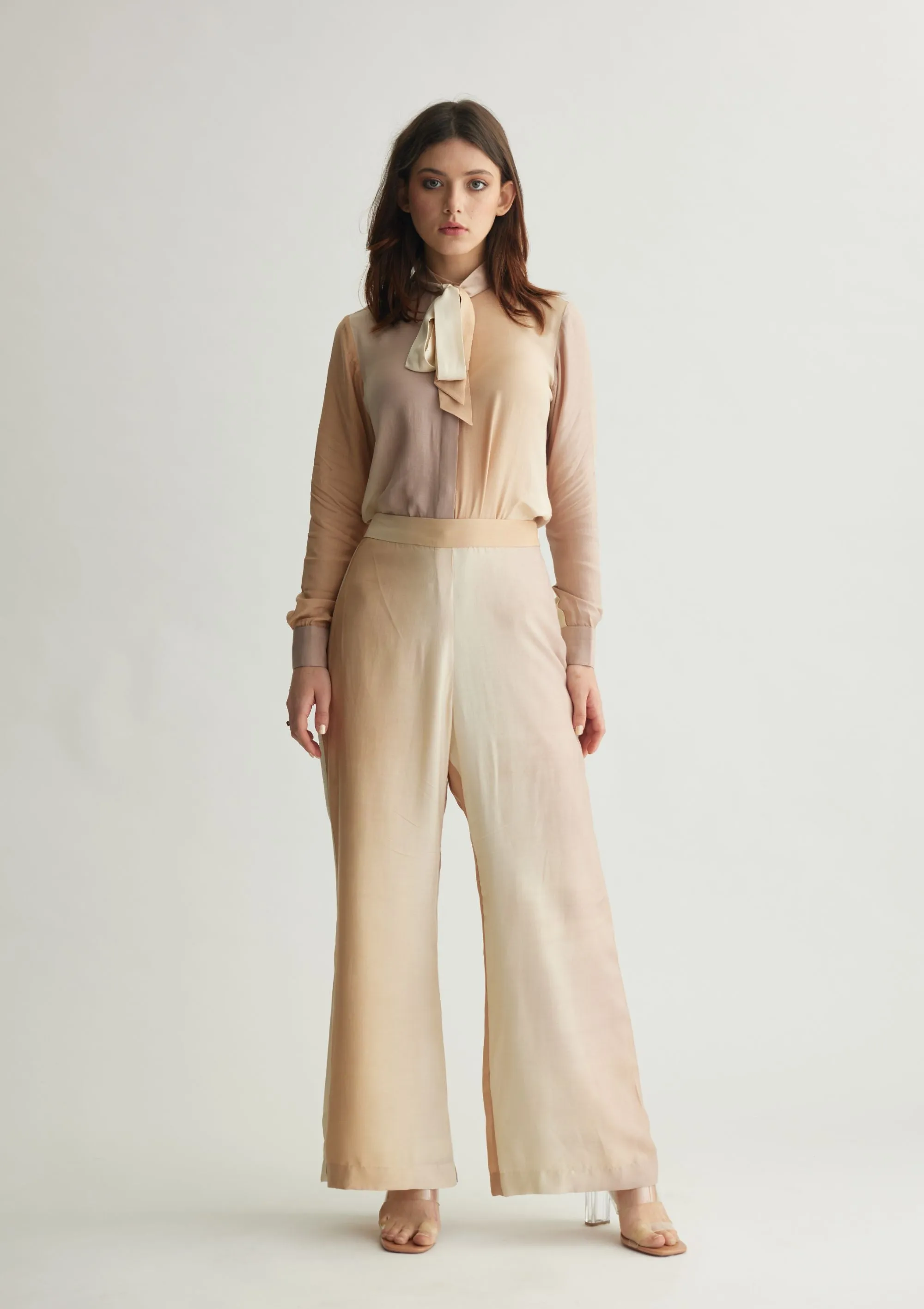 OFF WHITE & BEIGE OMBRE PRINT BOW SHIRT
