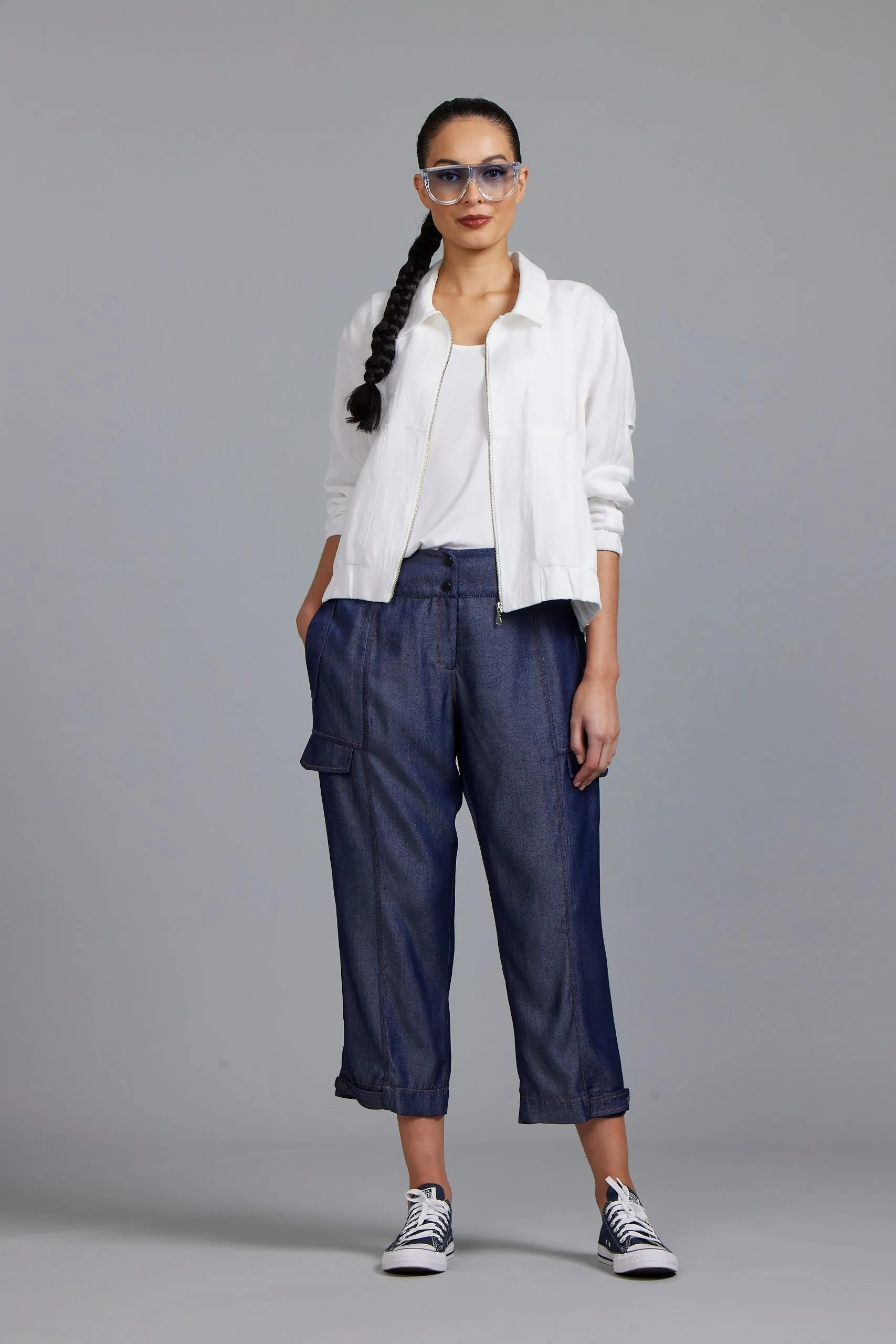 Paula Ryan Washer Linen Cropped Jacket - Navy