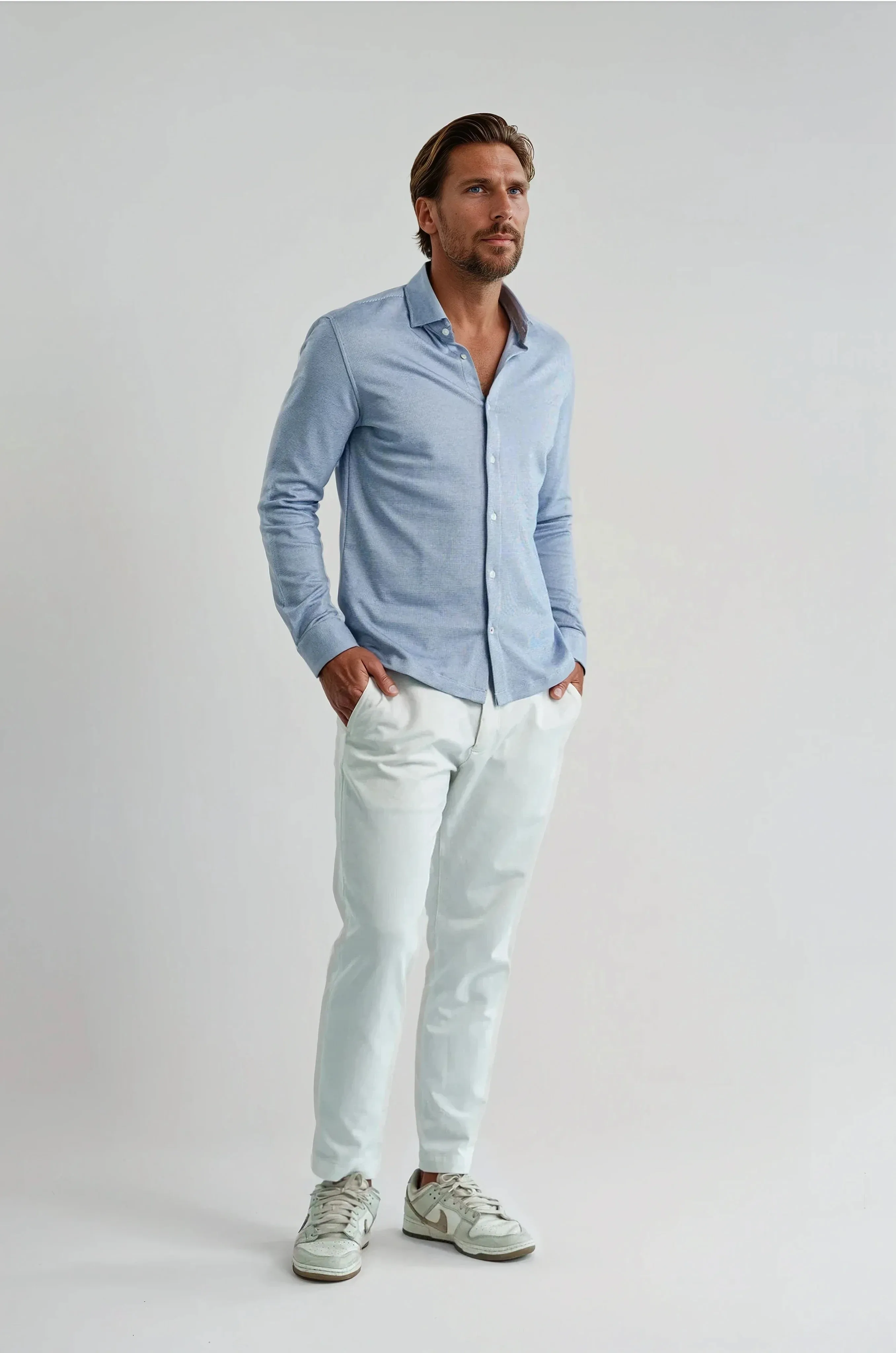Pique Textured Long Sleeve Shirt - Blue