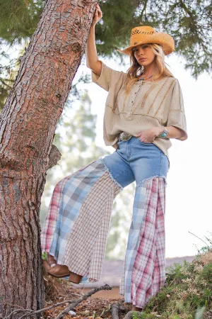 Plaid Mix Washed Denim  Pants